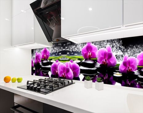 Наклейка на кухонный фартук 65 х 300 см, фотопечать с защитной ламинацией Орхидеи на камне (БП-s_fl11567-4)