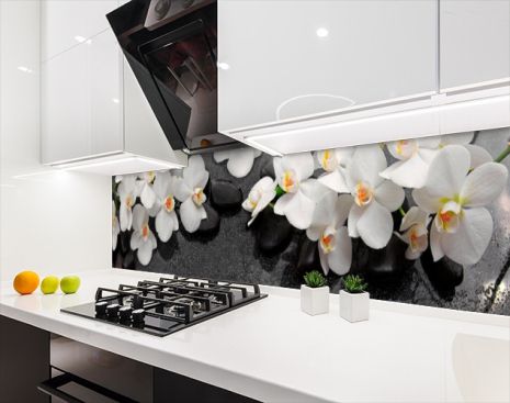 Наклейка на кухонный фартук 65 х 300 см, фотопечать с защитной ламинацией орхидеи с камнями (БП-s_fl11683-4)