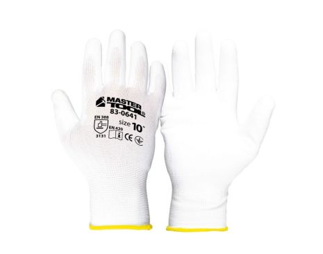 Перчатки бесшовные трикотажные с полиуретановым покрытием ладони 10" 25-26 г подвес белые MASTERTOOL 83-0641