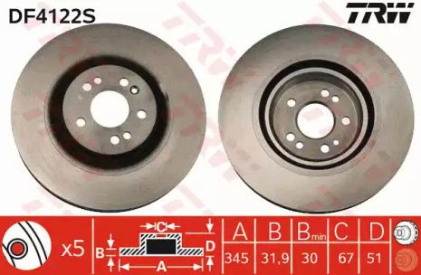 Диск тормозной MERCEDES ML(163) F D=345mm 00-05, TRW (DF4222S)