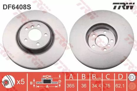 Диск тормозной BMW X5/X6 F 365mm 07, TRW (DF6408S)