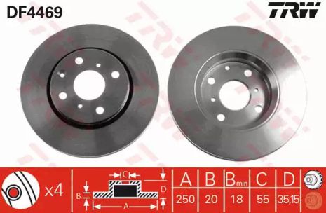 Диск гальмівний (1 шт.) CITROEN/PEUGEOT/TOYOTA C1/107/Aygo F 05, TRW (DF4469)