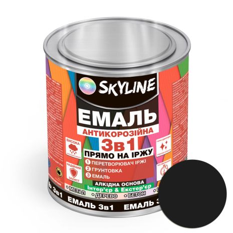 Емаль алкідна 3 в 1 по іржі антикорозійна «Skyline» Чорний Вага: 0.9 кг