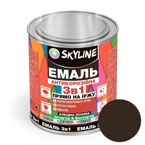 Емаль алкідна 3 в 1 по іржі антикорозійна «Skyline» Темно-коричневий Вага: 0.9 кг