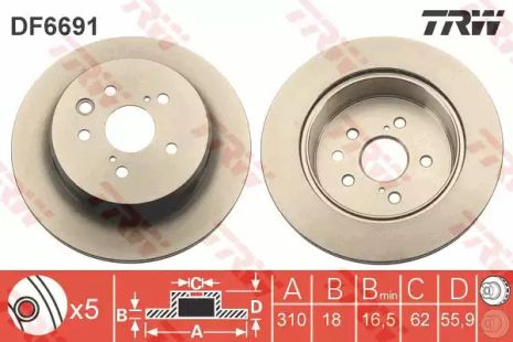 Диск гальмівний (1 шт.) LEXUS IS350/RC350/GS350 RD=310mm 12, TRW (DF6691)