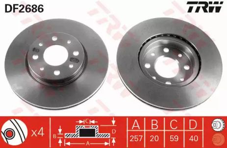 Диск гальмівний (1 шт.) ALFA ROMEO - FIAT - LANCIA 145/146/155/Albea/Barchetta/Brava/Bravo/Dobl, TRW (DF2686)