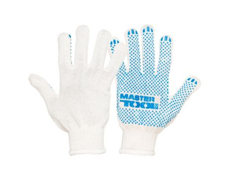 Трикотажні рукавички STANDART PLUS ПВХ-точка 70% бавовна/30% поліестер 10 кл 3 нитки 55 гр біло-сині MASTERTOOL 83-0310