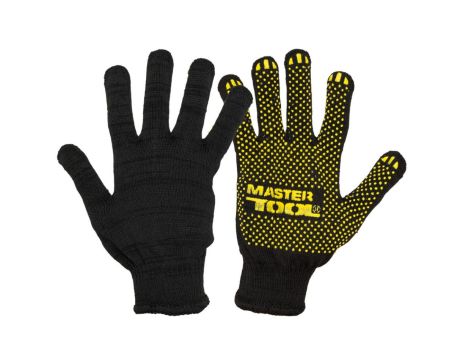Трикотажні рукавички STANDART PLUS ПВХ-точка 70% бавовна/30% поліестер 10 кл 3 нитки 55 гр чорно-жовті MASTERTOOL 83-0320