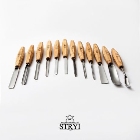 Набор стамесок STRYI Profi для художественного вырезания по дереву 12шт в гранёных ручках, арт. 512003