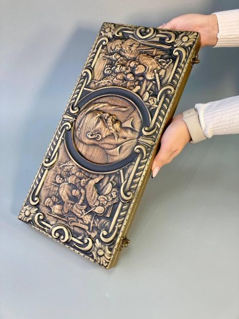 Дерев'яні нарди "Козак", оформлені різьбленням, подарунок із змістом, 48×23 см, арт. 190130