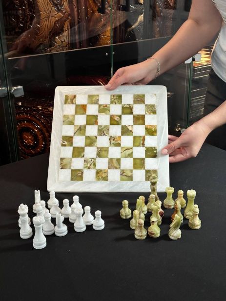 Шахи, набір з оніксу, 31×31 см, подарунок гра натуральний камінь, у зручному чохлі для зберігання, арт. 194023