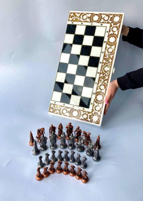 Шахматы, нарды из акрилового камня, белого цвета, 58×28×5см, арт.190648, изысканный подарок для ценителей