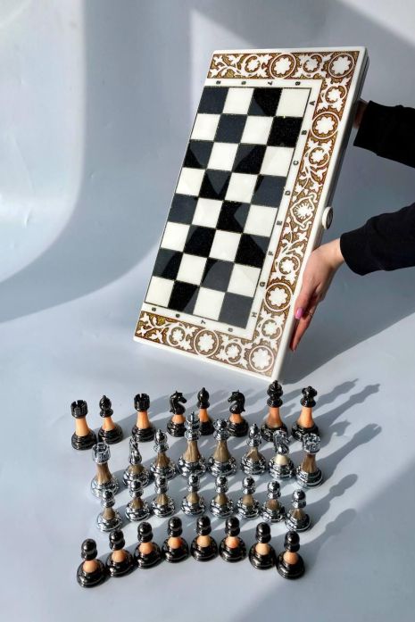 Шахи, нарди з акрилового каменю, білого кольору, 58×28×5см, арт.190647, подарунок для близьких та рідних