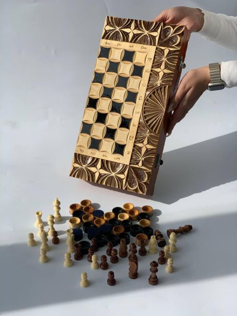 Шахи дерев'яні 3в1, оформлені ручним різьбленням, 36×18×7 см, 191432