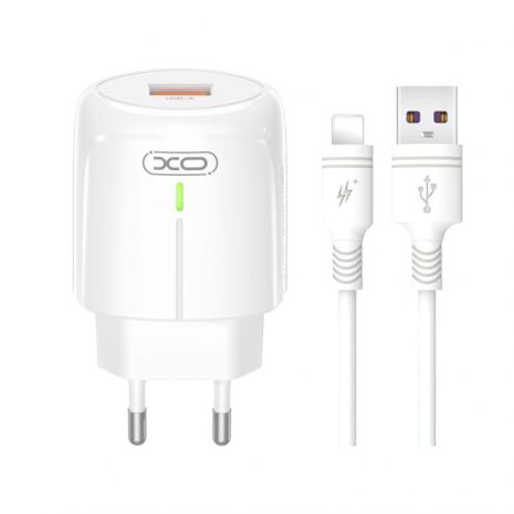 Мережевий зарядний пристрій (адаптер) 2в1 XO L112 1USB / QC3.0 / 18W + Lightning white