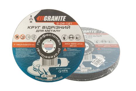 Диск абразивний відрізний для металу GRANITE 180х2.0х22.2 мм 10 шт MASTERTOOL 8-04-181PC