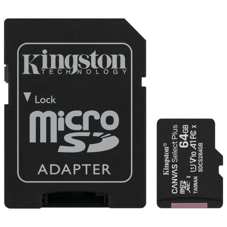 Карта пам'яті Kingston 64Gb, micro SD, Class 10, Canvas Select Plus