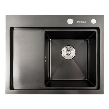 Кухонна мийка чорна PVD 58*48 R Platinum Handmade (два отвори, круглий сифон 3,0/0,8)