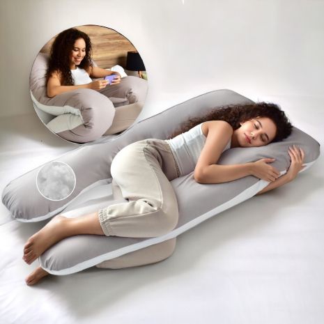 Подушка для сна и отдыха, для беременных П-формы IDEIA 140х75х20 см с наволочкой на молнии серо-белая (8-33722*001)