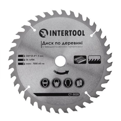 Диск пиляльний по дереву з твердосплавними напайками 200x25,4x1,5 мм; 36 зубів INTERTOOL CT-3020