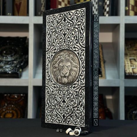 Нарди із чорного акрилового каменю "Срібний Лев": класика настільних ігор, 58×28×5 см, арт. 190613