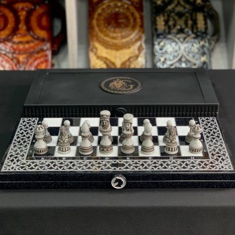 Шахи з акрилового каменю, 60×30×5см, фігури з каменю в кейсі, арт.190649, подарунок для переможців