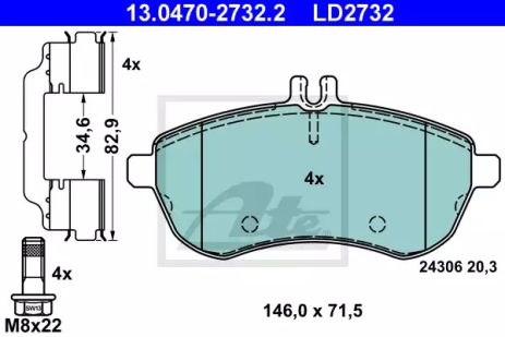 Комплект гальмівних колодок, дискове гальмо MERCEDES-BENZ C-CLASS, ATE (13047027322)