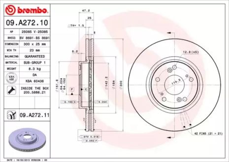 Диск тормозной HONDA ACCORD, BREMBO (09A27211)