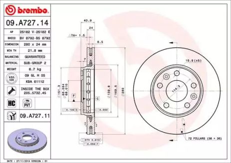 Диск гальмівний DACIA DUSTER, RENAULT MEGANE, BREMBO (09A72711)