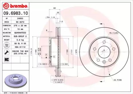 Диск гальмівний MERCEDES-BENZ V-CLASS, BREMBO (09698310)