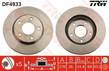 Диск тормозной DODGE CALIBER, MITSUBISHI LANCER, TRW (DF4933)