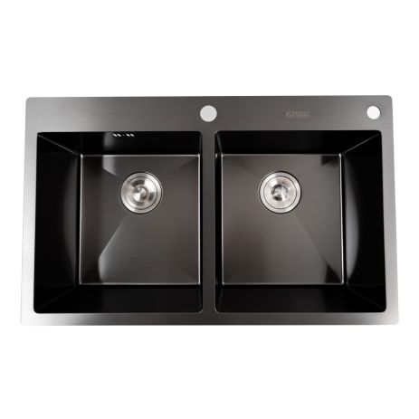 Кухонная мойка PVD черная 78*48 на две чаши Platinum Handmade HDB (круглый сифон, 3.0/0.8)