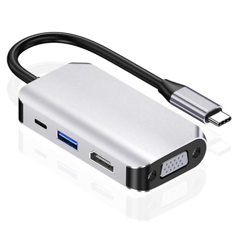 Перехідник адаптер Haowei HW-6004 4in1 Type-C to HDTV/VGA/Type-C PD 60W/USB 3.0