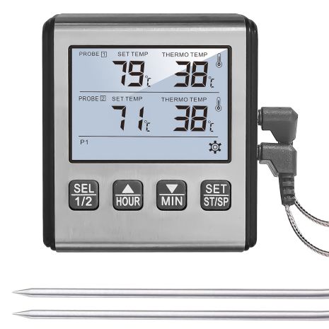 Кухонный цифровой термометр + таймер UChef TP-710s, с 2-мя выносными щупами, сигнализатором, магнитом и программами жарки мяса