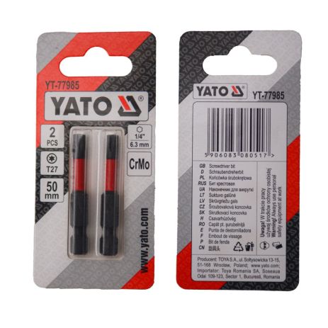 Викрутка насадка TORX T27 х 50 мм. HEX 1/4”, хром-молібден, 2 шт. Yato YT-77985