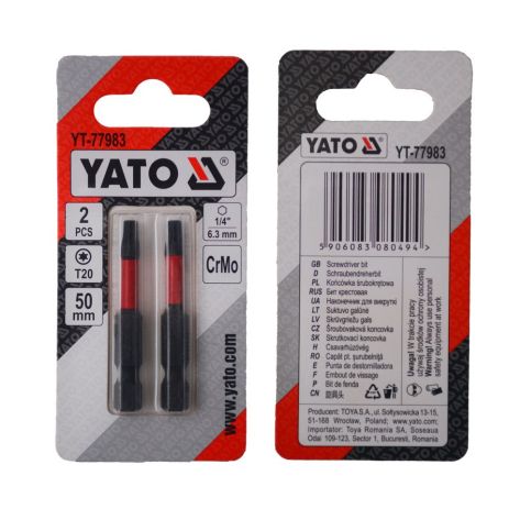 Отверточная насадка TORX T20 х 50 мм. HEX 1/4”, хром-молибден, 2 шт. Yato YT-77983