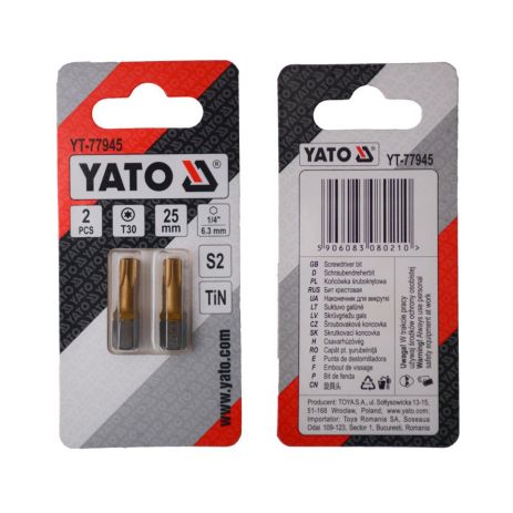 Отверточная насадка TORX T30 х 25 мм. HEX 1/4", покрытая титаном, 2 шт. Yato YT-77945