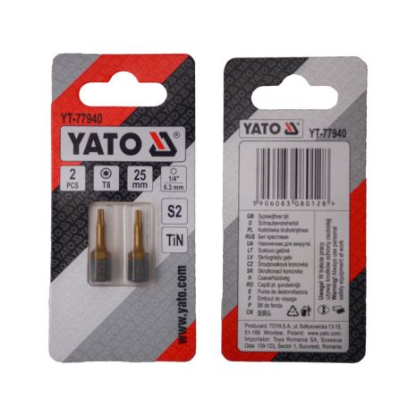 Отверточная насадка TORX T8 х 25 мм. HEX 1/4", покрытая титаном, 2 шт. Yato YT-77940