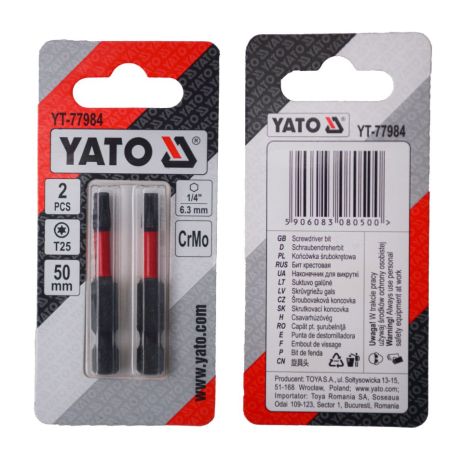 Викрутка насадка TORX T25 х 50 мм. HEX 1/4”, хром-молібден, 2 шт. Yato YT-77984