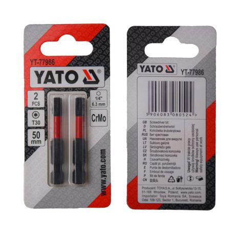 Викрутка насадка TORX T30 х 50 мм. HEX 1/4”, хром-молібден, 2 шт. Yato YT-77986