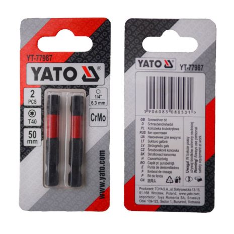 Отверточная насадка TORX T40 х 50 мм. HEX 1/4”, хром-молибден, 2 шт. Yato YT-77987