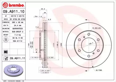 Диск гальмівний MITSUBISHI PAJERO, BREMBO (09A91110)