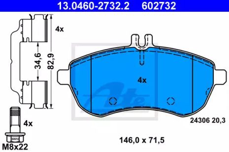 Комплект гальмівних колодок, дискове гальмо MERCEDES-BENZ C-CLASS, ATE (13046027322)