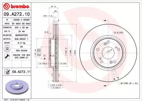 Диск гальмівний HONDA ACCORD, BREMBO (09A27211)