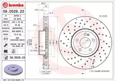 Диск гальмівний MERCEDES-BENZ E-CLASS, BREMBO (09D52923)