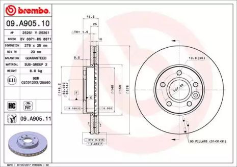 Диск гальмівний FORD AUSTRALIA, VOLVO V40, BREMBO (09A90510)