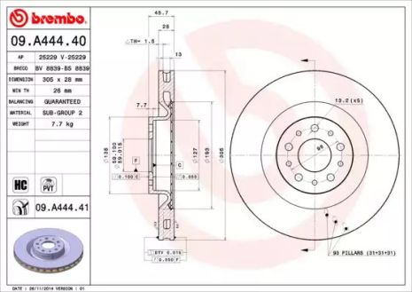 Диск тормозной OPEL COMBO, OPEL COMBO, BREMBO (09A44441)