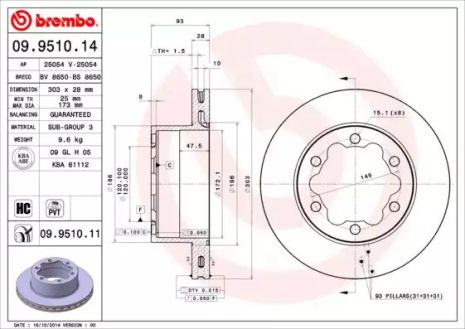 Диск тормозной MERCEDES-BENZ SPRINTER, VW CRAFTER, BREMBO (09951014)