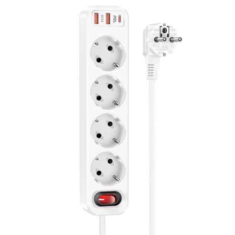 Мережевий подовжувач Hoco NS1 | 2USB/1Type-C, 4Sockets, 4000W, 20W/3A, PD/QC, 1.8m | White