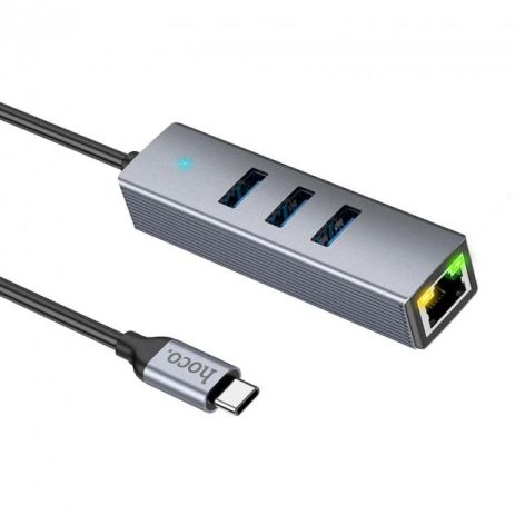 Адаптер Hoco HB34 (Type-C to RJ45 1Gbit Ethernet +3*USB3.0) Grey